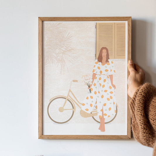 Affiche illustrée La femme au vélo, dessin artistique - Flowrette