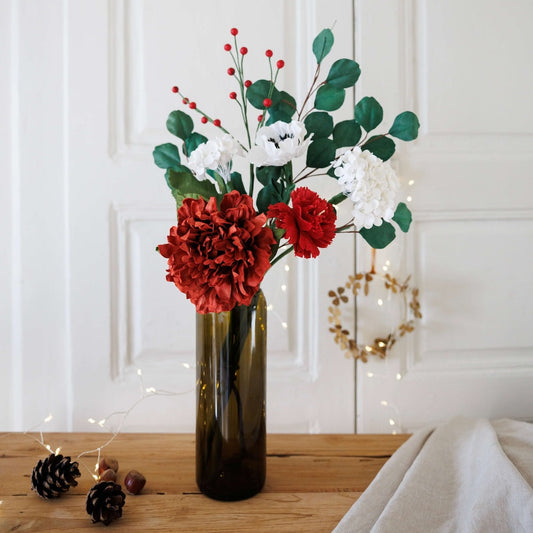 Bouquet fleurs en papier de Noël Eve, composition florale papier tons rouges et verts - Flowrette