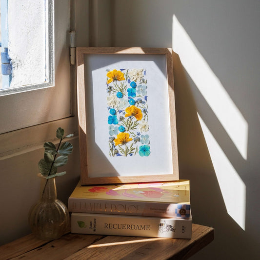 Herbier Rêve en fleur A4, cadre fleurs pressées bleues et jaunes - Flowrette