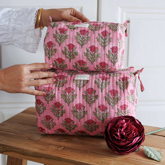 Trousse de toilette Kanpur, pochette en tissu block print vue de face - Flowrette
